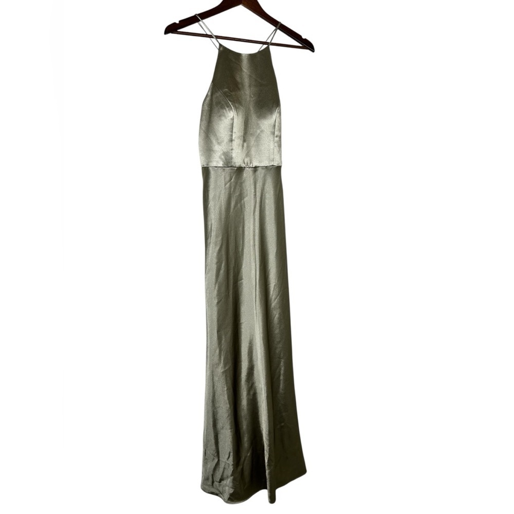 Jenny Yoo Silver Satin Halter Maxi Dress SZ 6 Formal Gown Elegant - Picture 6 of 10